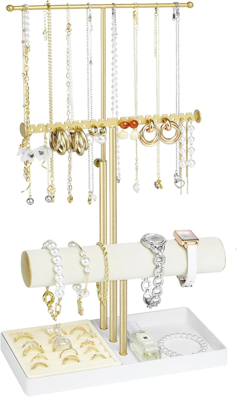 Jenseits 3-Tier Jewelry Holder Organizer:17.1" Adjustable Hanger, Velvet Ring Tray, Metal Aesthetic Display Stand for Necklaces, Earrings, Bracelets, Watches, Gold Jewelry Storage Tower Tree for Women - Image 1